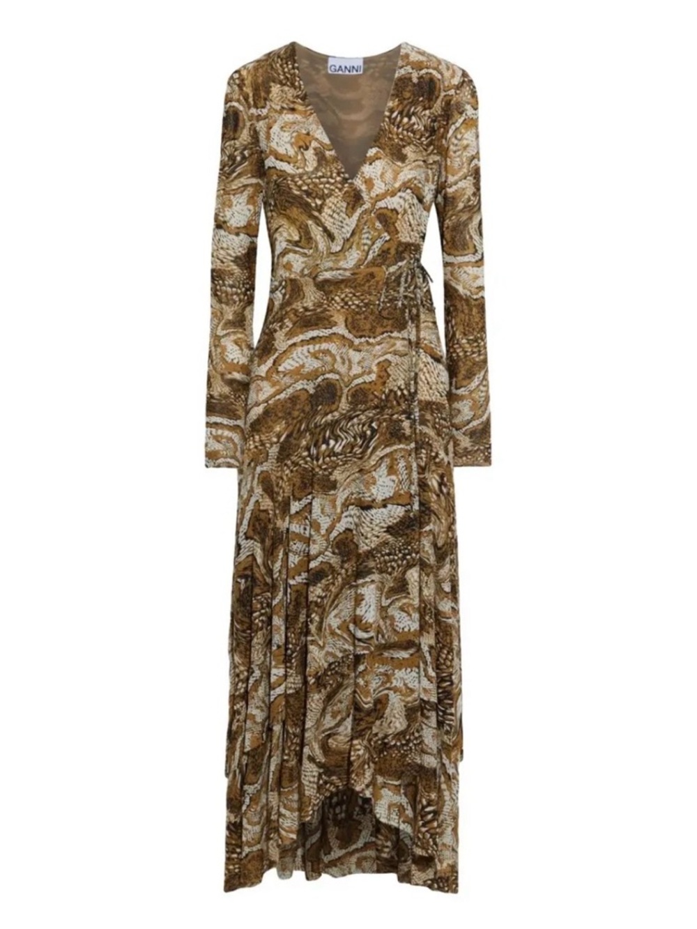 Ganni Snakeskin Print Long-Sleeve Wrap Maxi Dress